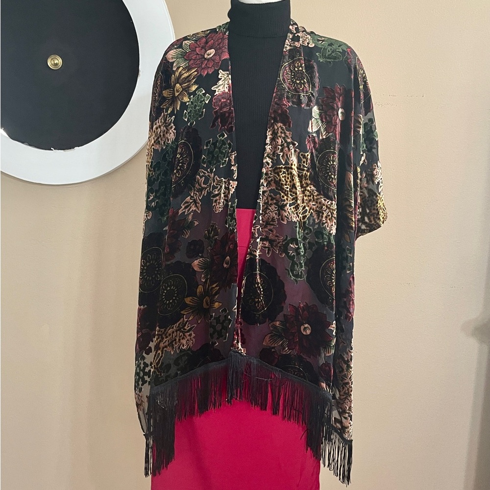 World Market Velvet Burnout Floral Kimono OS Autumn Sheer Fringe Open Front